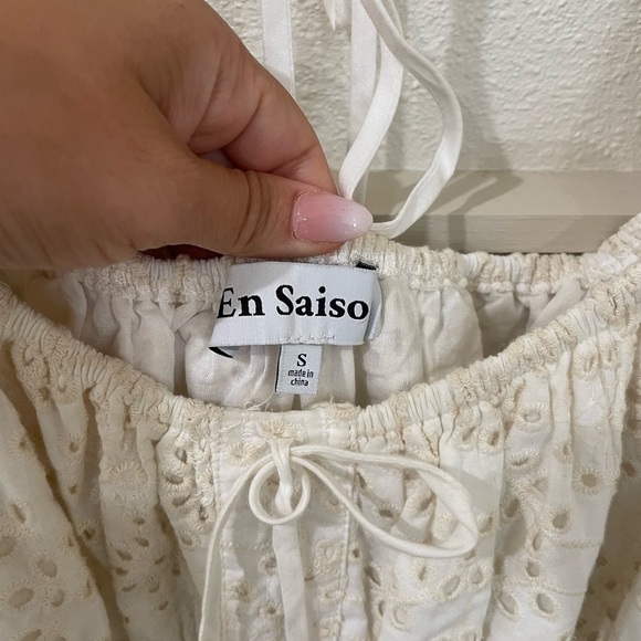 En Saison x Anthropologie Off-Shoulder Cream Midi Eyelet Dress Puff Sleeve - Picture 8 of 14